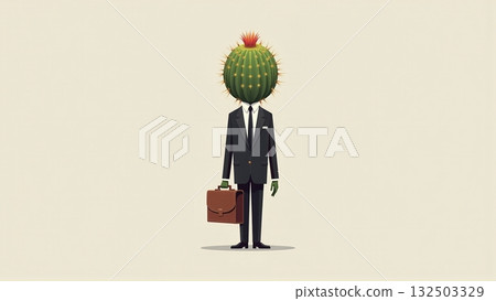 Aloof cactus head businessman in suit defensive work climate - ai generated 132503329