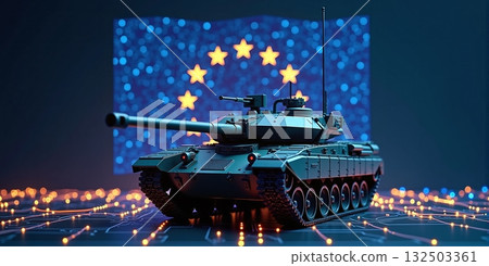 European tank in front of EU flag, modernize military - ai generated 132503361
