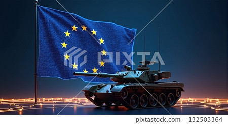 European tank in front of EU flag, modernize military - ai generated 132503364
