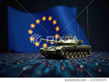 European tank in front of EU flag, modernize military - ai generated European tank in front of EU flag, modernize military - ai generated 132503374