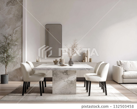 A chic, minimalist dining room featuring a round concrete table, white boucle chairs, an arched mirror, and dried floral arrangements against a neutral wall. 132503458