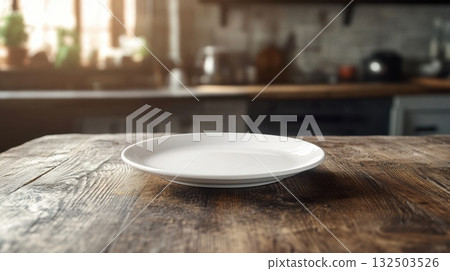 Minimalist composition of an empty plate on rustic wood surface at home kitchen Minimalist composition of an empty plate on rustic wood surface at home kitchen 132503526