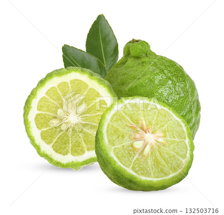 Fresh Bergamot ,half and slice with lesves on white back ground. Fresh Bergamot ,half and slice with lesves on white back ground. 132503716