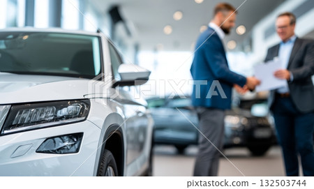 A car stands in the foreground as two customers negotiate a sale in a bright indoor showroom surrounded by other vehicles 132503744