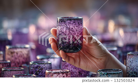 Hand holding a colorful glass cup Hand holding a colorful glass cup 132503824