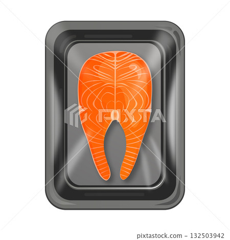 Salmon steak in vacuum pack food tray illustration 132503942