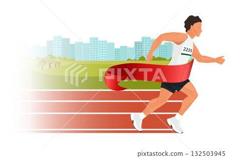Athlete breaking finish line ribbon winning race 132503945