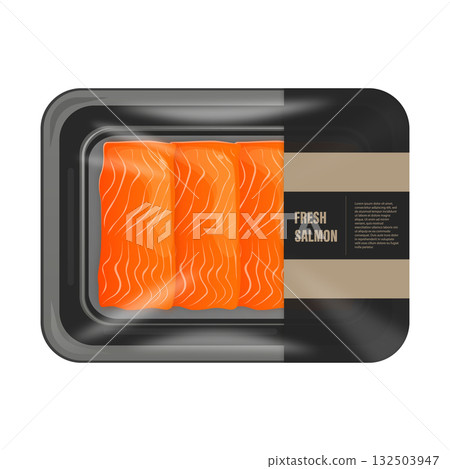 Fresh salmon fillets package with label for cooking 132503947