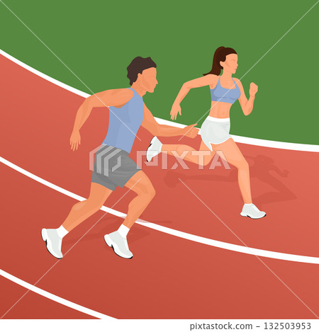 Athletes running relay race on track competition 132503953