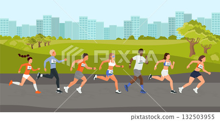 Group of diverse athletes running a city marathon race 132503955