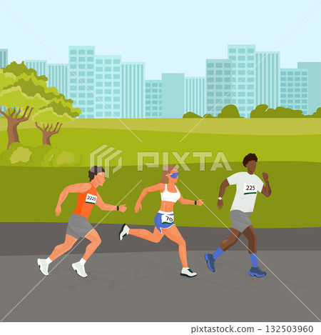 Race participants running in city park marathon event 132503960