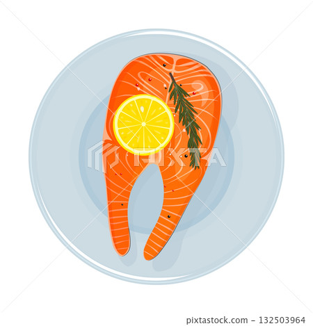 Salmon steak on plate with lemon and rosemary 132503964
