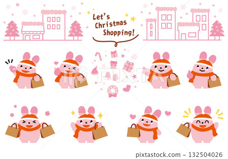 一組兔子角色享受聖誕節購物 一組兔子角色享受聖誕節購物 132504026