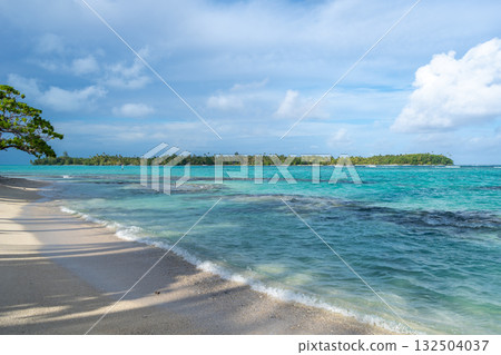 Anini Marae Beach on Huahine, French Polynesia, with turquoise waters Anini Marae Beach on Huahine, French Polynesia, with turquoise waters 132504037