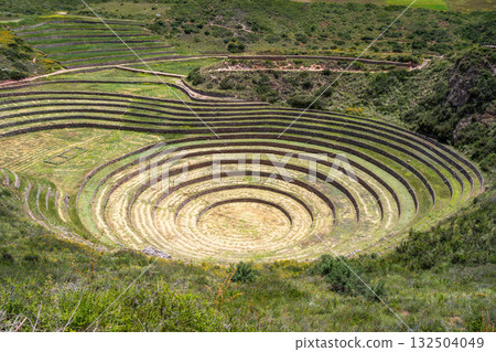 Inca agricultural terraces at Moray in the Sacred Valley, Peru 132504049