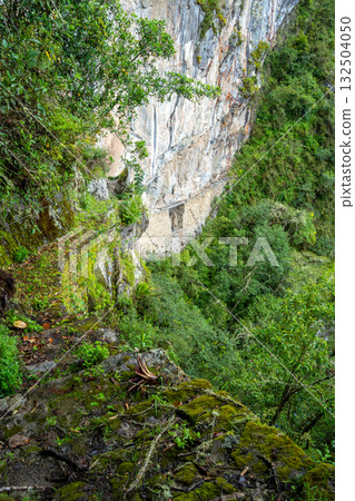 Inca Bridge - Puente Inca - on the Machu Picchu site, a hidden pathway in Peru 132504050