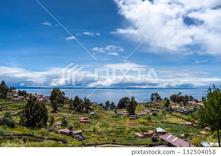 Houses and cultivated fields on Taquile Island, Lake Titicaca, Peru 132504058
