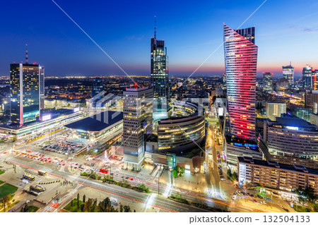 Warsaw skyline skyscraper in downtown by night in Warsaw, Poland 132504133