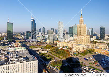 Warsaw skyline skyscraper with Palace of Culture and Science in downtown in Warsaw, Poland 132504146