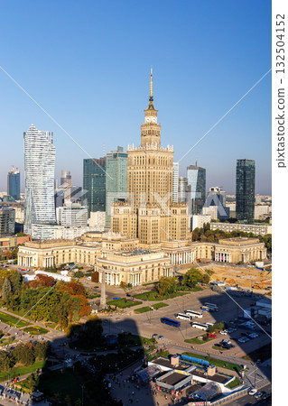 Warsaw skyline skyscraper with Palace of Culture and Science in downtown portrait format in Warsaw, Poland 132504152