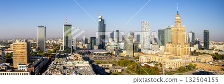 Warsaw skyline skyscraper panorama with Palace of Culture and Science in downtown in Warsaw, Poland 132504155