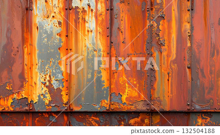 Rusty metal plate texture background with peeling paint and rivets Rusty metal plate texture background with peeling paint and rivets 132504188