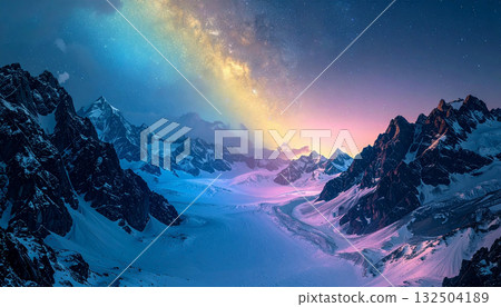 A panoramic view of snow-capped mountains and glaciers illuminated by the Milky Way. A fantastical view at dawn. 132504189