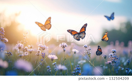 A fantastic sight of butterflies dancing in the setting sun and a flower field 132504209