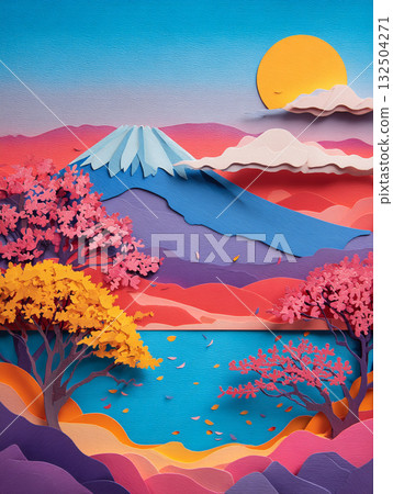 A stunning, layered papercut art style depiction of a Japanese landscape at sunset, featuring Mount Fuji, cherry blossoms, and a vibrant sky. 132504271