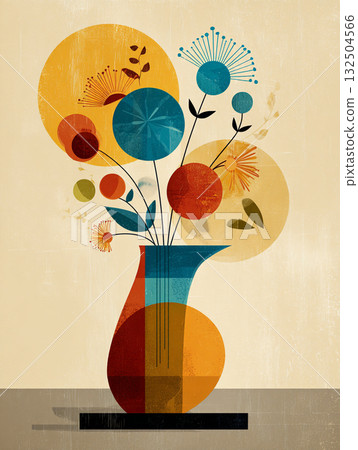 A minimalist illustration of orange flowers in a black vase, featuring abstract and geometric shapes with a textured mid-century modern color palette. 132504566