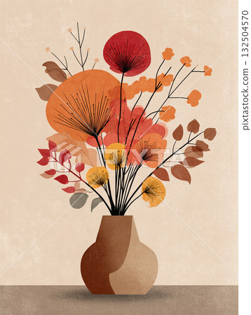 A minimalist illustration of orange flowers in a black vase, featuring abstract and geometric shapes with a textured mid-century modern color palette. 132504570