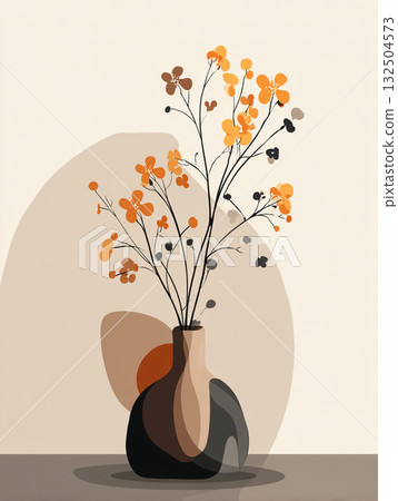 A minimalist illustration of orange flowers in a black vase, featuring abstract and geometric shapes with a textured mid-century modern color palette. A minimalist illustration of orange flowers in a black vase, featuring abstract and geometric shapes with a textured mid-century modern color palette. 132504573