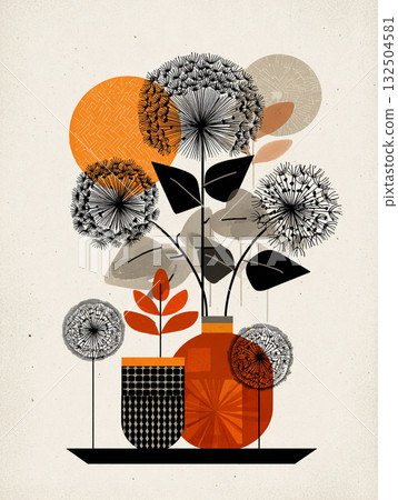 A minimalist illustration of orange flowers in a black vase, featuring abstract and geometric shapes with a textured mid-century modern color palette. A minimalist illustration of orange flowers in a black vase, featuring abstract and geometric shapes with a textured mid-century modern color palette. 132504581