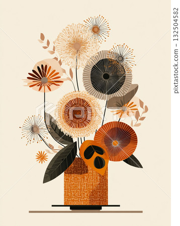 A minimalist illustration of orange flowers in a black vase, featuring abstract and geometric shapes with a textured mid-century modern color palette. 132504582