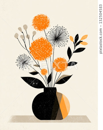 A minimalist illustration of orange flowers in a black vase, featuring abstract and geometric shapes with a textured mid-century modern color palette. 132504583