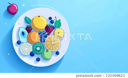 清爽的藍色背景上排列著色彩繽紛的水果的插圖 清爽的藍色背景上排列著色彩繽紛的水果的插圖 132504621