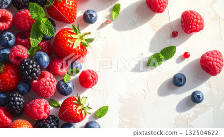 Vibrant mixed berries and mint on a refreshing white background (copy space) 132504622