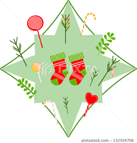 Vector Christmas 2026 star with candy canes, lollipops, Santa socks and branches Vector Christmas 2026 star with candy canes, lollipops, Santa socks and branches 132504706
