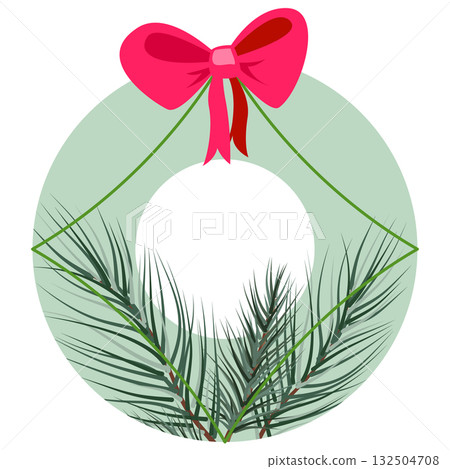Vector Christmas wreath with pine branches and red bow on green circle background 132504708