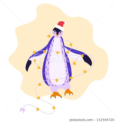 Seamless festive pattern with cute penguin in Santa hat and lights 132504720