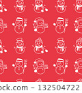 Seamless pattern with linear snowman clipart in white on red background 132504722