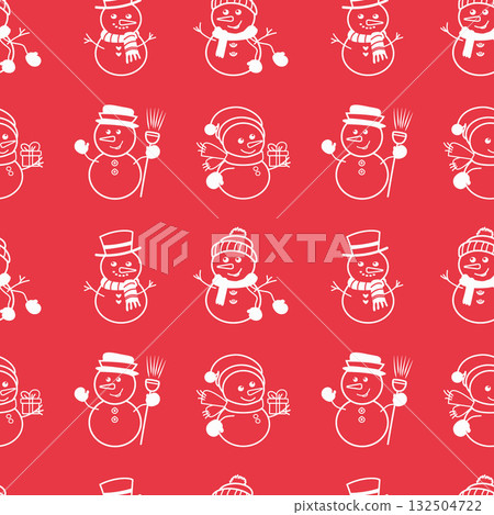 Seamless pattern with linear snowman clipart in white on red background Seamless pattern with linear snowman clipart in white on red background 132504722