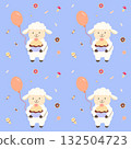 Seamless pattern with cute lamb holding sweets, balloons and cupcake 132504723