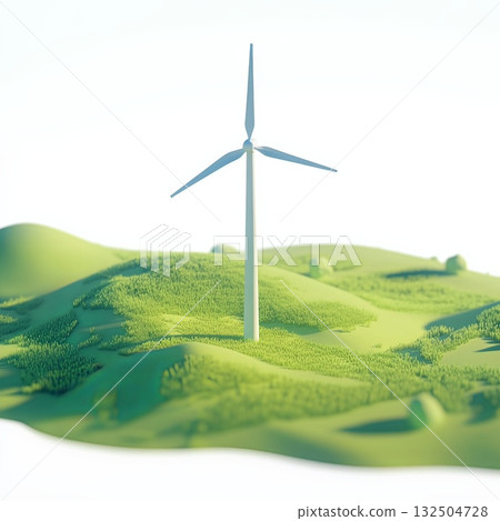 Isometric 3D Wind Turbines in Green Field on White Background Isometric 3D Wind Turbines in Green Field on White Background 132504728