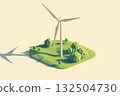 Isometric 3D icon of wind turbine on green field with curved blades and shading 132504730