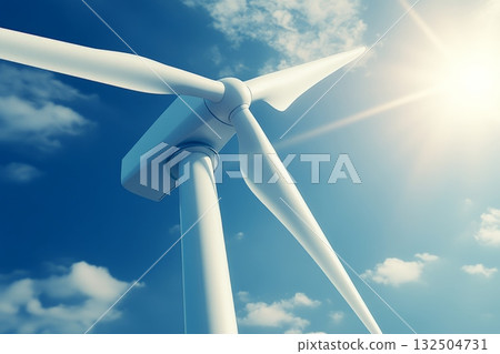 Close up of wind turbine under blue sky and bright sun Close up of wind turbine under blue sky and bright sun 132504731