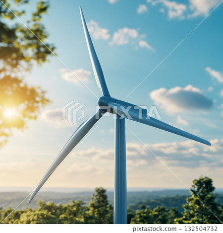 Wind Turbine Close-Up on Blue Sky Background with Glowing Sunlight Wind Turbine Close-Up on Blue Sky Background with Glowing Sunlight 132504732