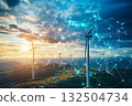 Wind turbines at sunset with digital energy network 132504734