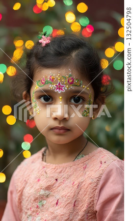 Little girl celebrating with colorful face art Little girl celebrating with colorful face art 132504798
