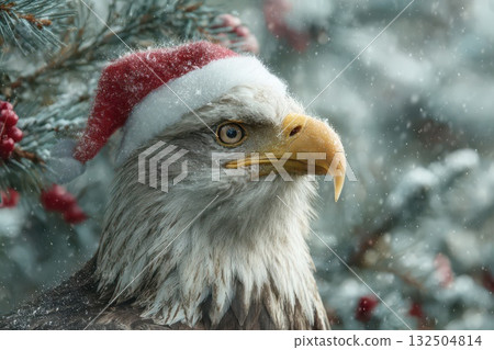 Bald eagle wearing a festive Santa hat in winter 132504814